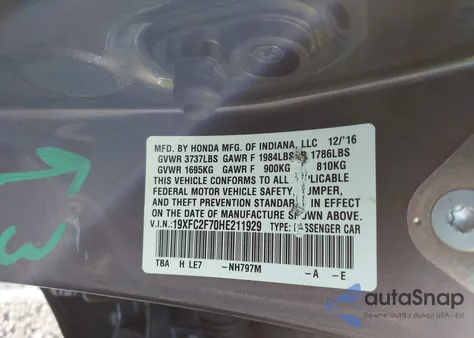 2017 Honda Civic Ex from USA, damaged, VIN 19XFC2F70HE211929